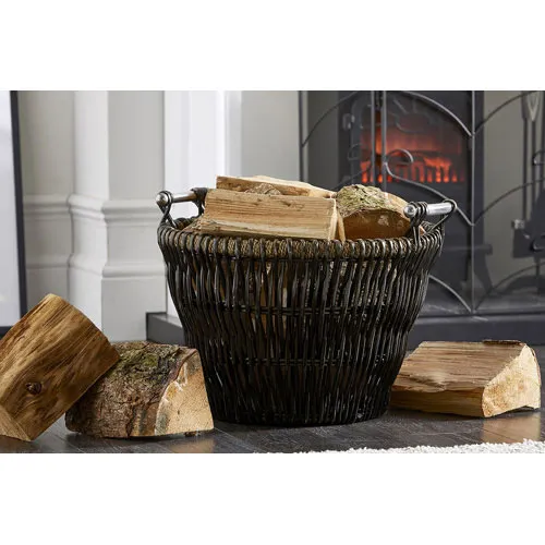 Wicker Log Basket Chrome Handles Round